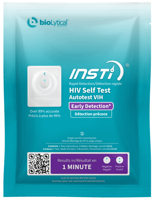 INSTI HIV Self Test kit packaging by bioLytical Laboratories, over 99% accurate with results in 1 minute