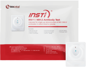 INSTI HIV-1 HIV-2 Antibody Test packaging by bioLytical Laboratories for professional use