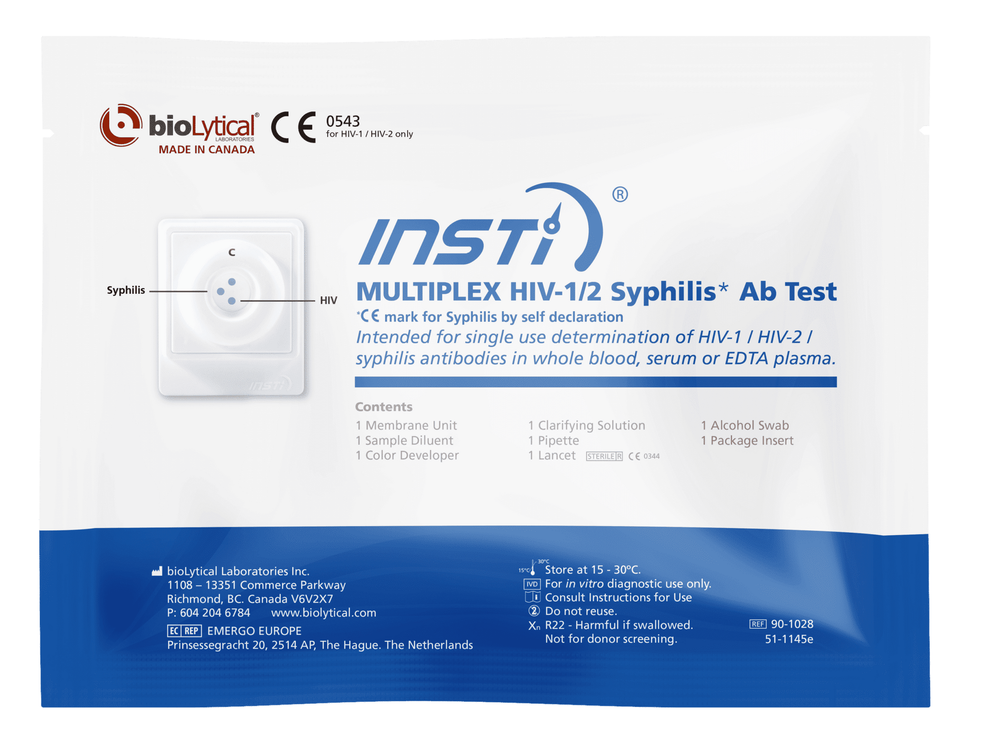 INSTI Multiplex HIV-1/2 Syphilis Antibody Test packaging by bioLytical Laboratories