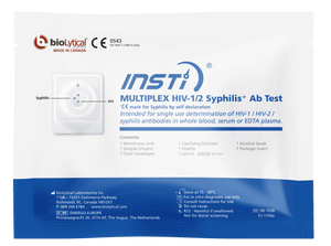 INSTI Multiplex HIV-1/2 Syphilis Antibody Test packaging by bioLytical Laboratories