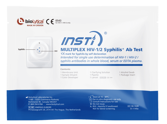 INSTI Multiplex HIV-1/2 Syphilis Antibody Test packaging by bioLytical Laboratories