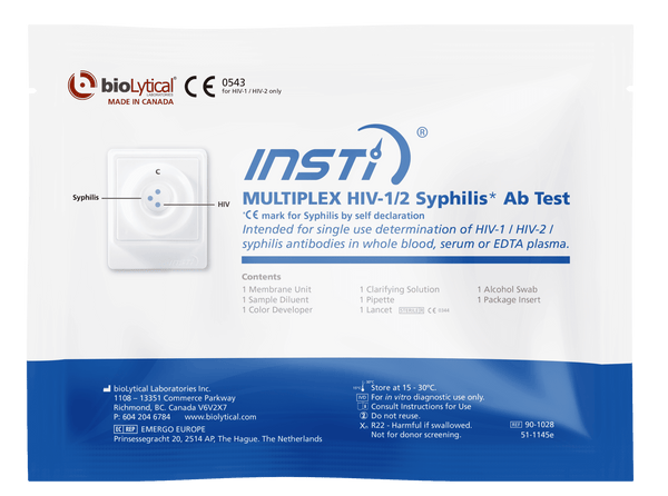 INSTI Multiplex HIV-1/2 Syphilis Antibody Test packaging by bioLytical Laboratories