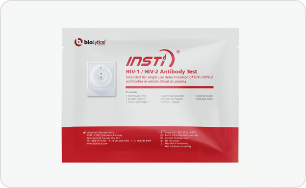INSTI HIV-1 HIV-2 Antibody Test packaging by bioLytical Laboratories for professional use