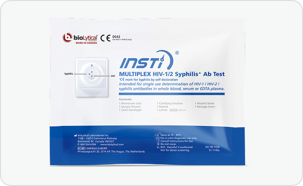 INSTI Multiplex HIV-1/2 Syphilis Antibody Test packaging by bioLytical Laboratories