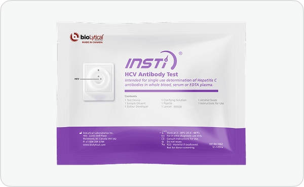 INSTI HCV Antibody Test packaging for rapid Hepatitis C detection by bioLytical Laboratories