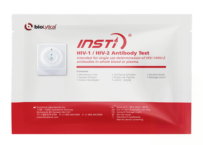 INSTI HIV-1 HIV-2 Antibody Test packaging by bioLytical Laboratories for professional use