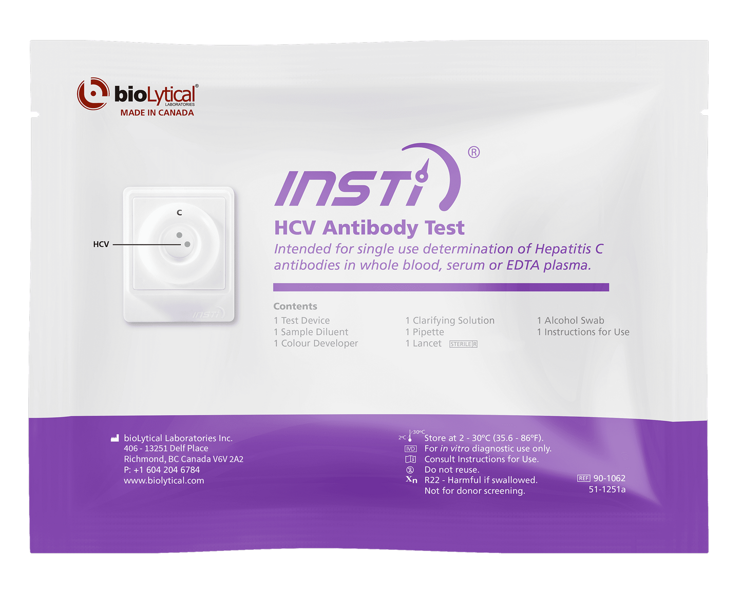INSTI HCV Antibody Test packaging for rapid Hepatitis C detection by bioLytical Laboratories