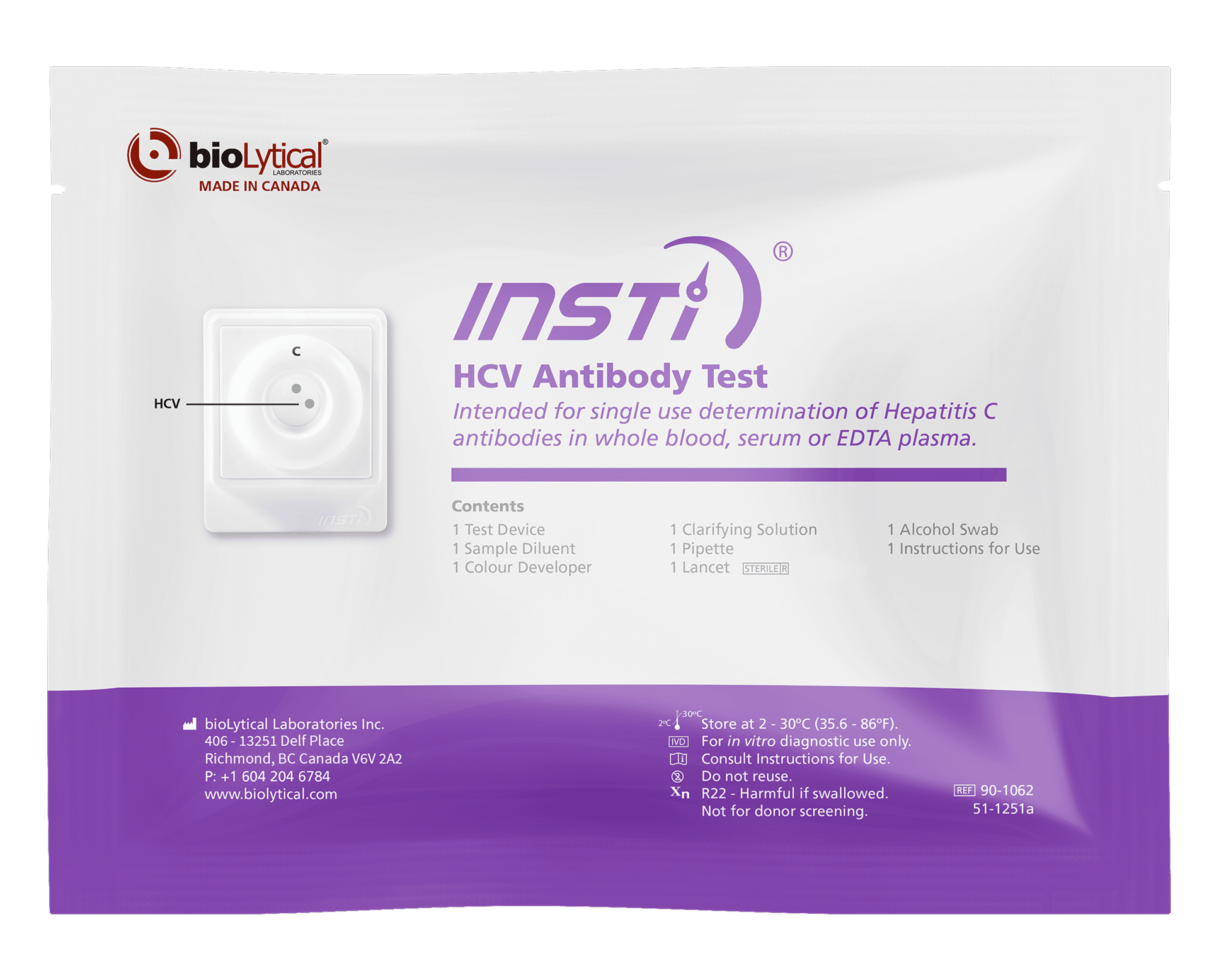 INSTI HCV Antibody Test packaging for rapid Hepatitis C detection by bioLytical Laboratories