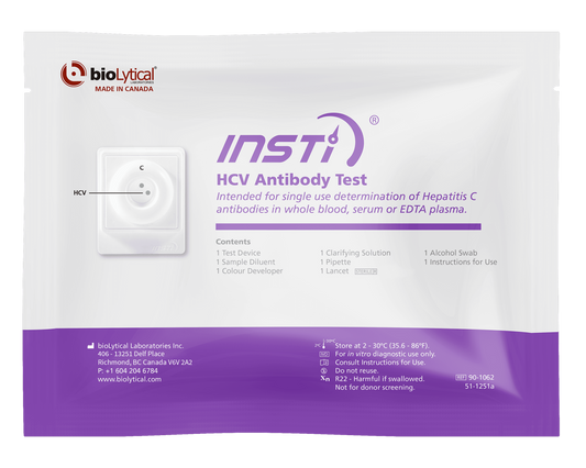 INSTI HCV Antibody Test packaging for rapid Hepatitis C detection by bioLytical Laboratories