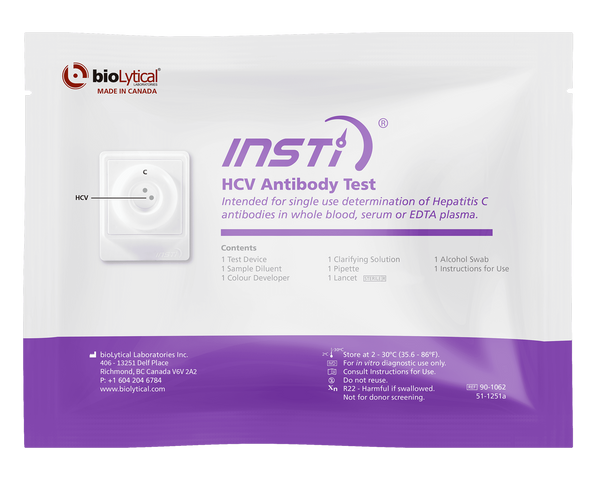 INSTI HCV Antibody Test packaging for rapid Hepatitis C detection by bioLytical Laboratories
