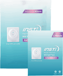 INSTI HIV Self Test teal packaging showing results in 1 minute, over 99% accurate