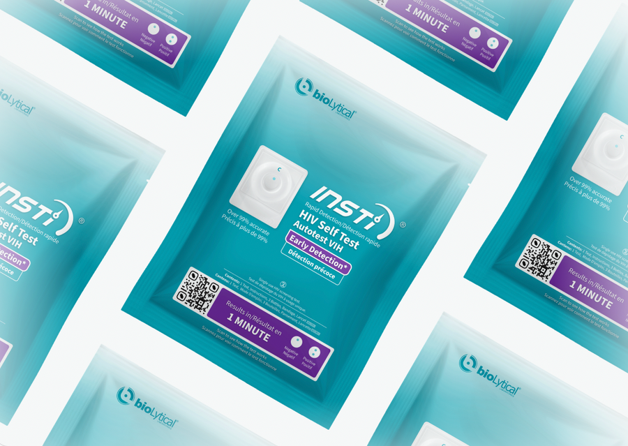 INSTI HIV Self Test teal packaging showing results in 1 minute, over 99% accurate
